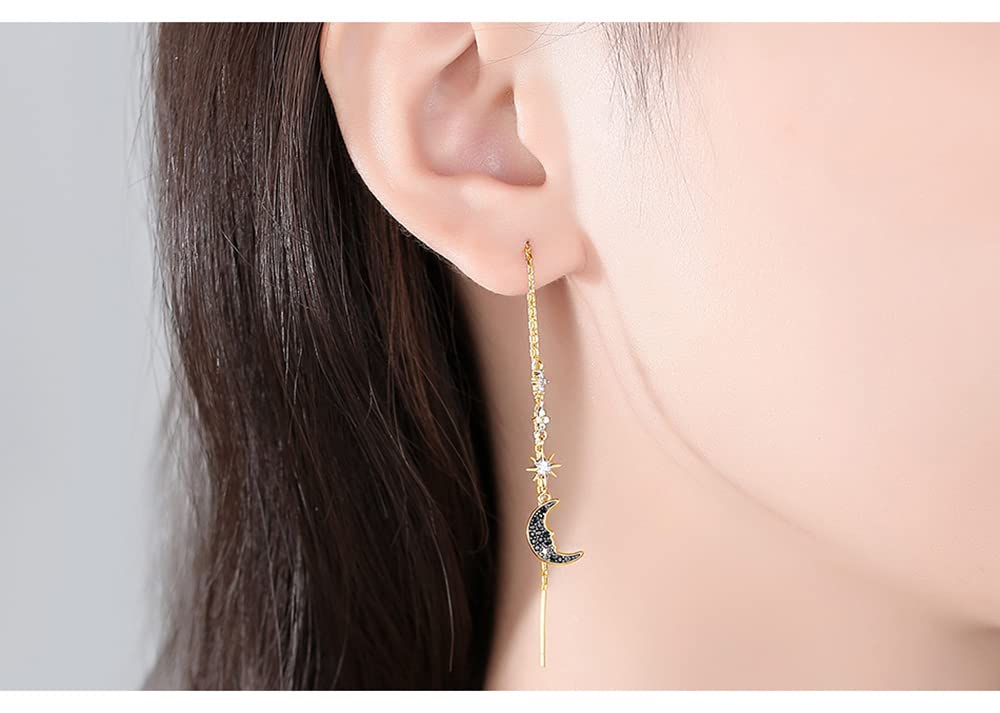 Black CZ Moon Threader Dangle Drop Earrings for Women Girls 14K Gold Plated Crystal Rhinestone Tiny Stars Ear Lines Tassel Chain Dangling Statement Earring Dainty Jewelry