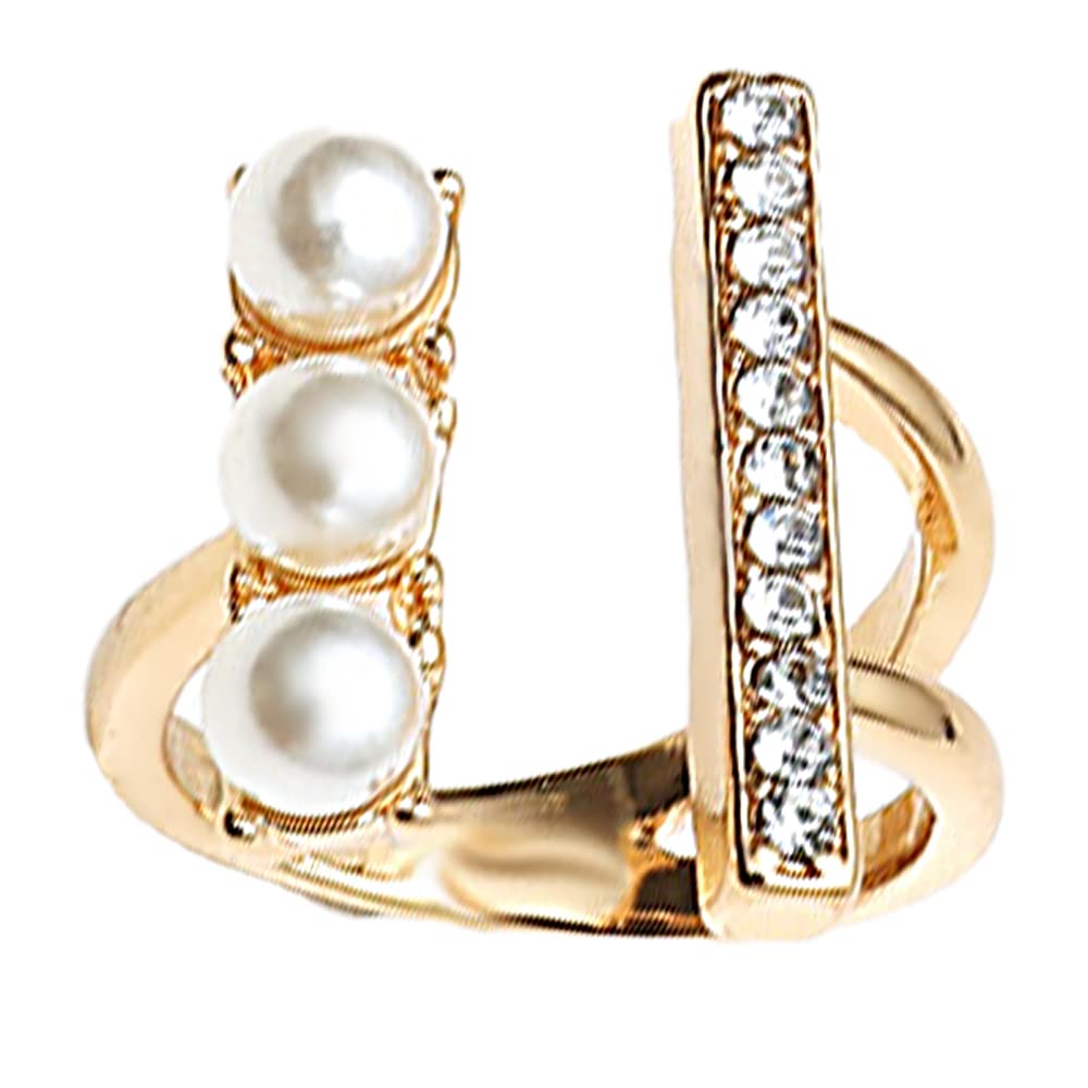 Vintage CZ Tiny Bar Pearl Open Band Ring for Women Girls Gold Plated Cubic Zirconia Statement Adjustable Expandable Shell Pearls Finger Rings Comfort Fit Dainty Wedding Anniversary Christmas Jewelry