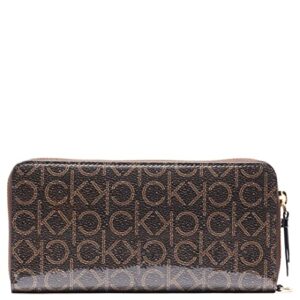 Calvin Klein Key Item Saffiano Continental Zip Around Wallet with Wristlet Strap, Brown/Khaki/Black Logo