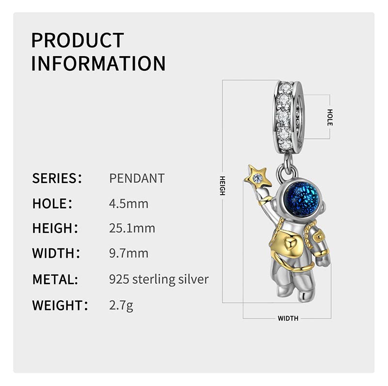 CHTLOR Astronaut Dangle Charm Star picker Charm 925 Sterling Silver Pendant women's necklace bracelet DIY accessories Fit for European Charm Bracelet