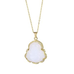 laughing buddha pendant necklace 18k gold plated jade smiling buddha chain bling necklace dainty gemstone lucky amule amulet jewelry for women men-b white