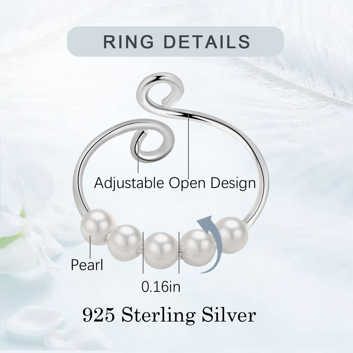 Vito Sterling Silver Fidget Anxiety Ring for Women, Adjustable Open Spinner Ring with Rotatable 5 Pearl Beads, Stacking Pressure Band Ring Jewellery Gift for Stressed Adult Women Men