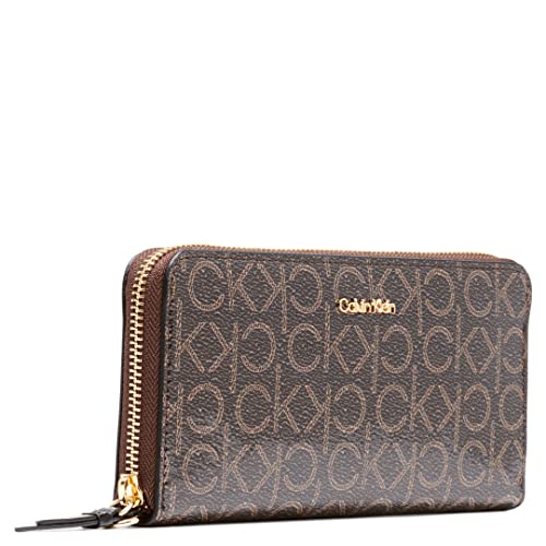 Calvin Klein Key Item Saffiano Continental Zip Around Wallet with Wristlet Strap, Brown/Khaki/Black Logo