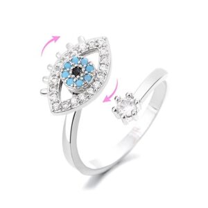 Bule Evil Eye Fidget Anxiety Rings for Women Sterling Silver Plated CZ Rotate Freely Spinner Stress Relief Open Stacking Finger Ring Eternity Promise Statement Fashion Cubic Zirconia Protection Good Lucky Calming Jewelry Gifts Birthday