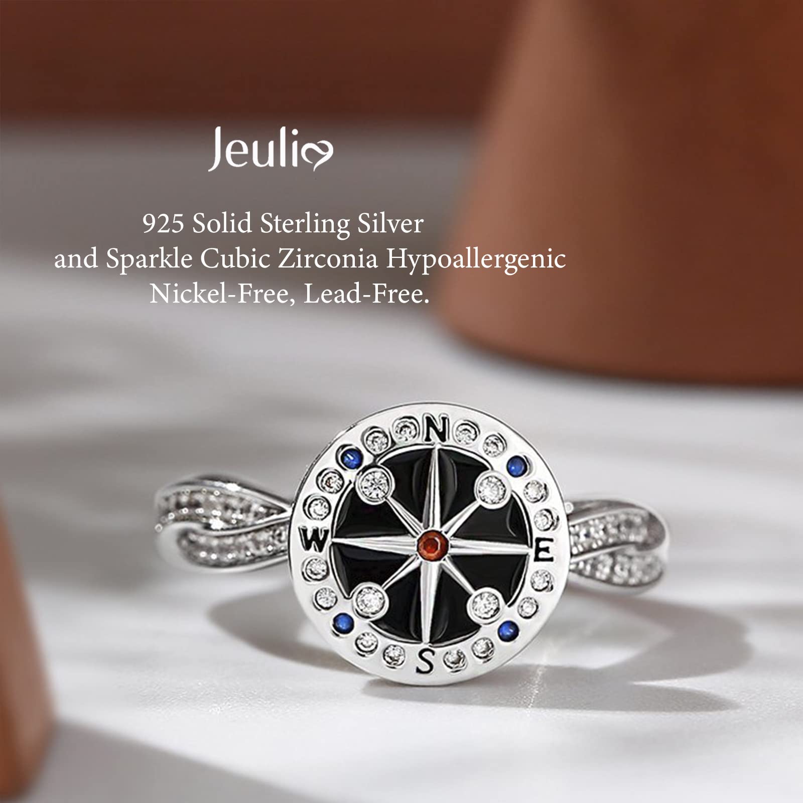 Jeulia Sterling Silver Rotating Ring Compass for Women Men Diamond Solitaire Engagement Ring Romantic Anniversary Engagement Jewelry Gifts (Life's Journey, 8.5)