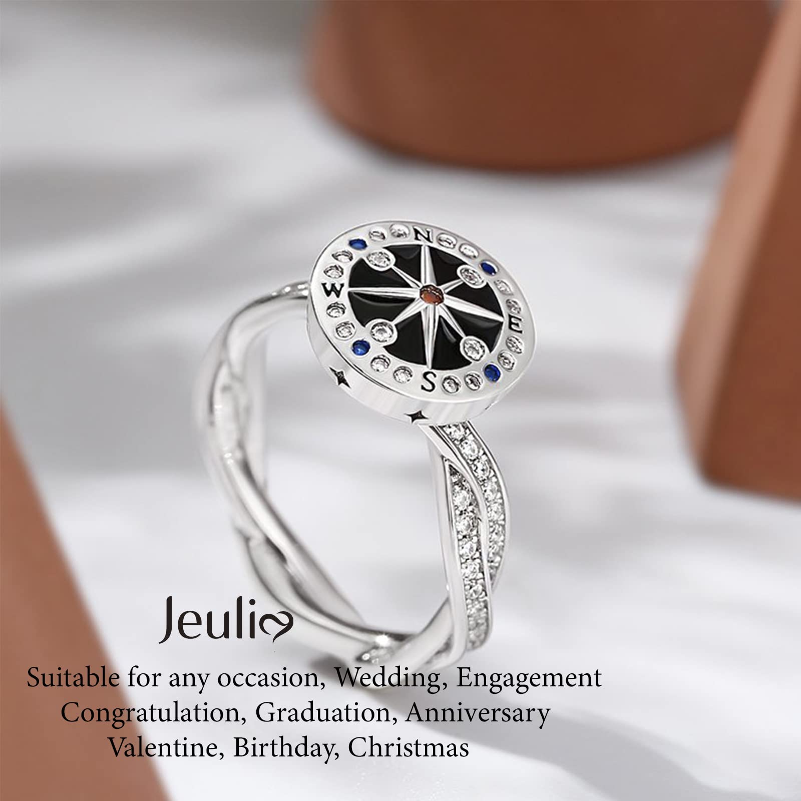 Jeulia Sterling Silver Rotating Ring Compass for Women Men Diamond Solitaire Engagement Ring Romantic Anniversary Engagement Jewelry Gifts (Life's Journey, 8.5)