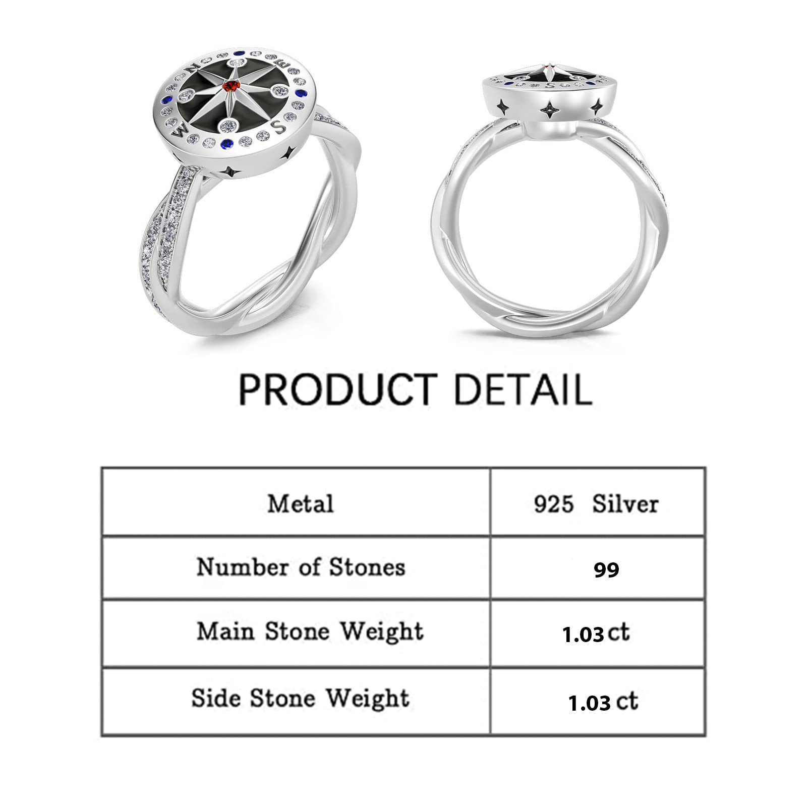 Jeulia Sterling Silver Rotating Ring Compass for Women Men Diamond Solitaire Engagement Ring Romantic Anniversary Engagement Jewelry Gifts (Life's Journey, 8.5)