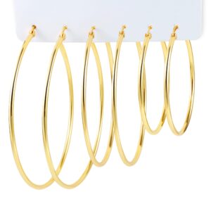 3 Pairs 14k Gold Plated Large Hoop Earrings Set - 50/60/70mm Diameter Hypoallergenic Sterling Silver Post