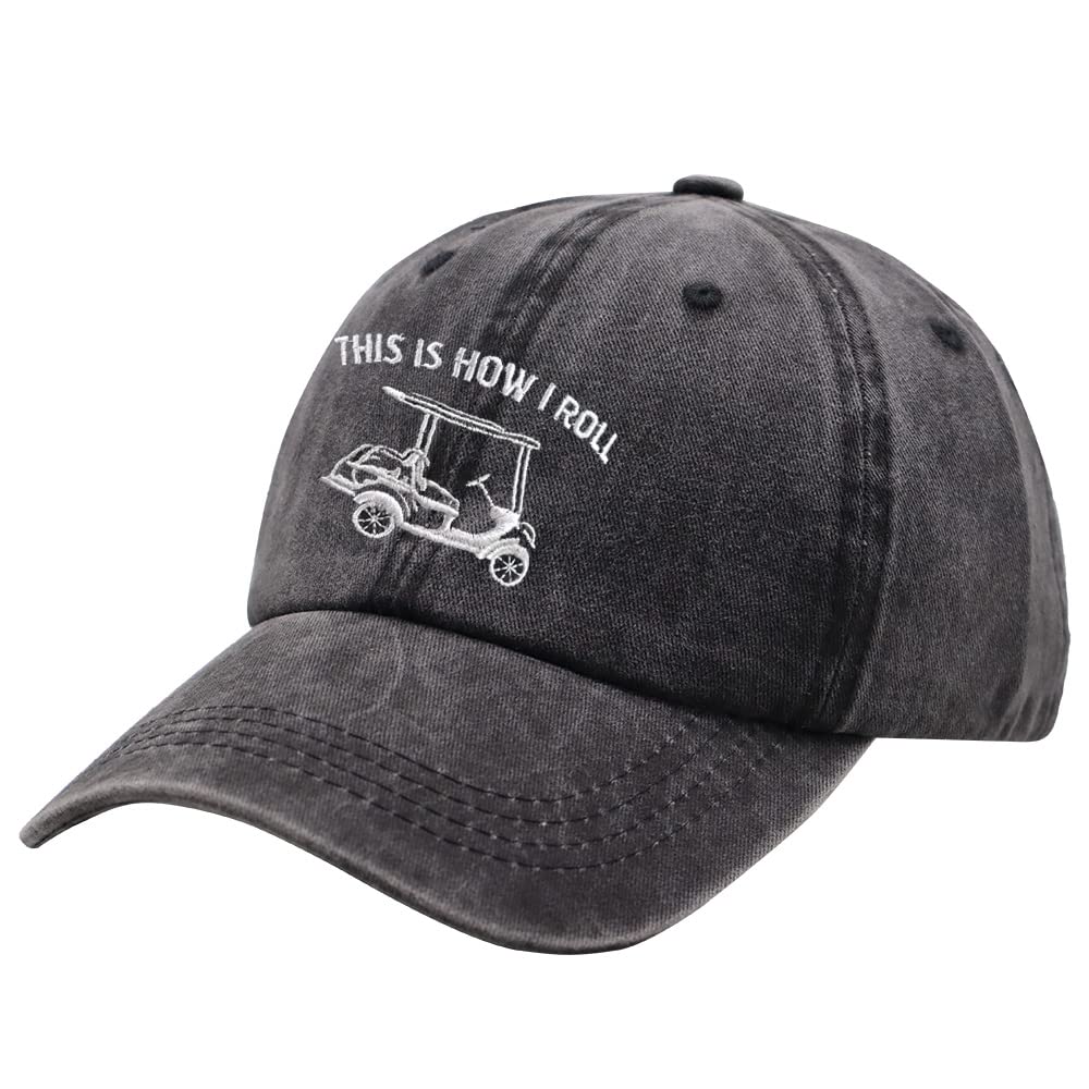 Kamaple This is How I Roll Golf Cart Hat, Funny Golfers Adjustable Cotton Denim Baseball Cap for Men & Women (Embroidered Black, One Size)