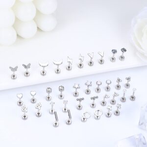 FIBO STEEL 18 Pairs Flatback Stud Earrings 18G Surgical Steel Cartilage Studs for Women Cute Moon Star Snake Opal Disc Ball CZ Stud Earring Set Silevr tone