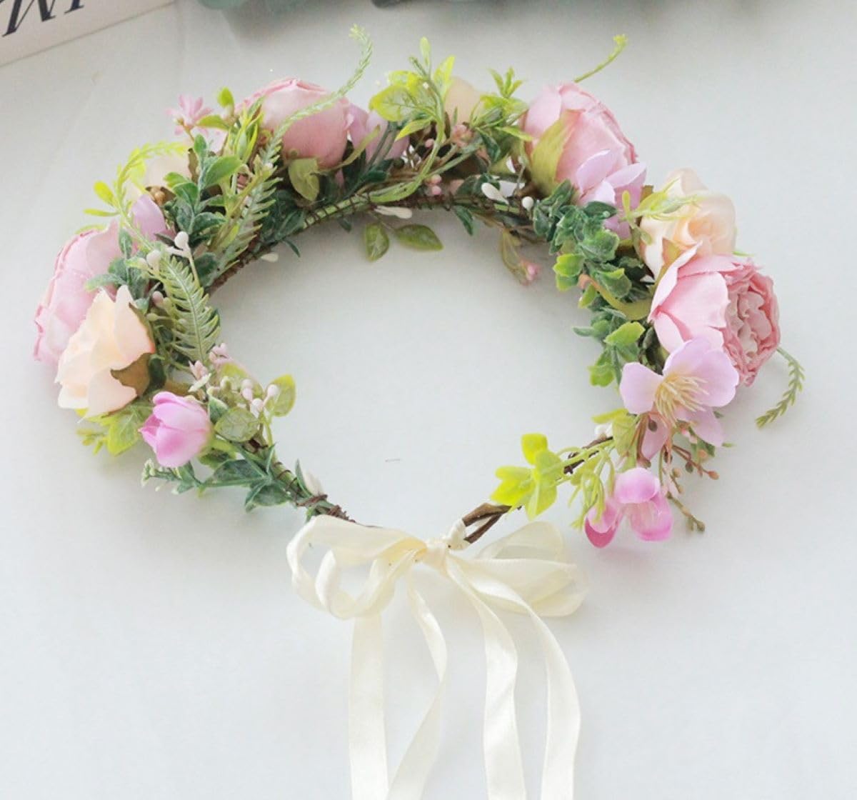 DreamLily Girls Camellias Flower Crown Birthday Photo Pops Hair Wreath Wedding Festival Floral Headpiece XM11 (A-Blush)