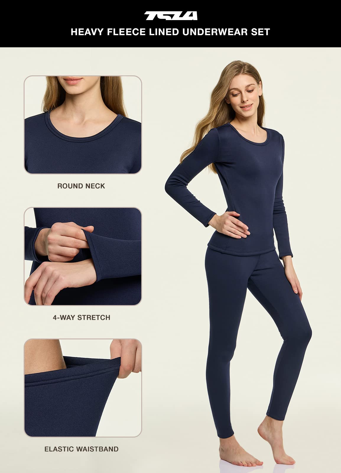 TSLA Women's Thermal Underwear Set, Soft Fleece Lined Long Johns, Winter Warm Base Layer Top & Bottom, Heavyweight Dark Navy, Medium