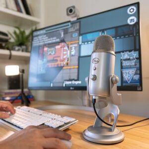 Blue Yeti Microphone (Silver) with Boom Arm Stand, Shock Mount and Pop Filter Bundle (4 Items),USB