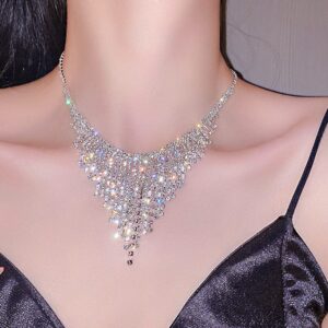 Xerling Rhinestone Tassel Fringe Chain Necklaces Silver Crystal Statement Bib Necklaces Bling Wedding Bridal Collar Choker for Women and Girls