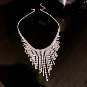 Xerling Rhinestone Tassel Fringe Chain Necklaces Silver Crystal Statement Bib Necklaces Bling Wedding Bridal Collar Choker for Women and Girls