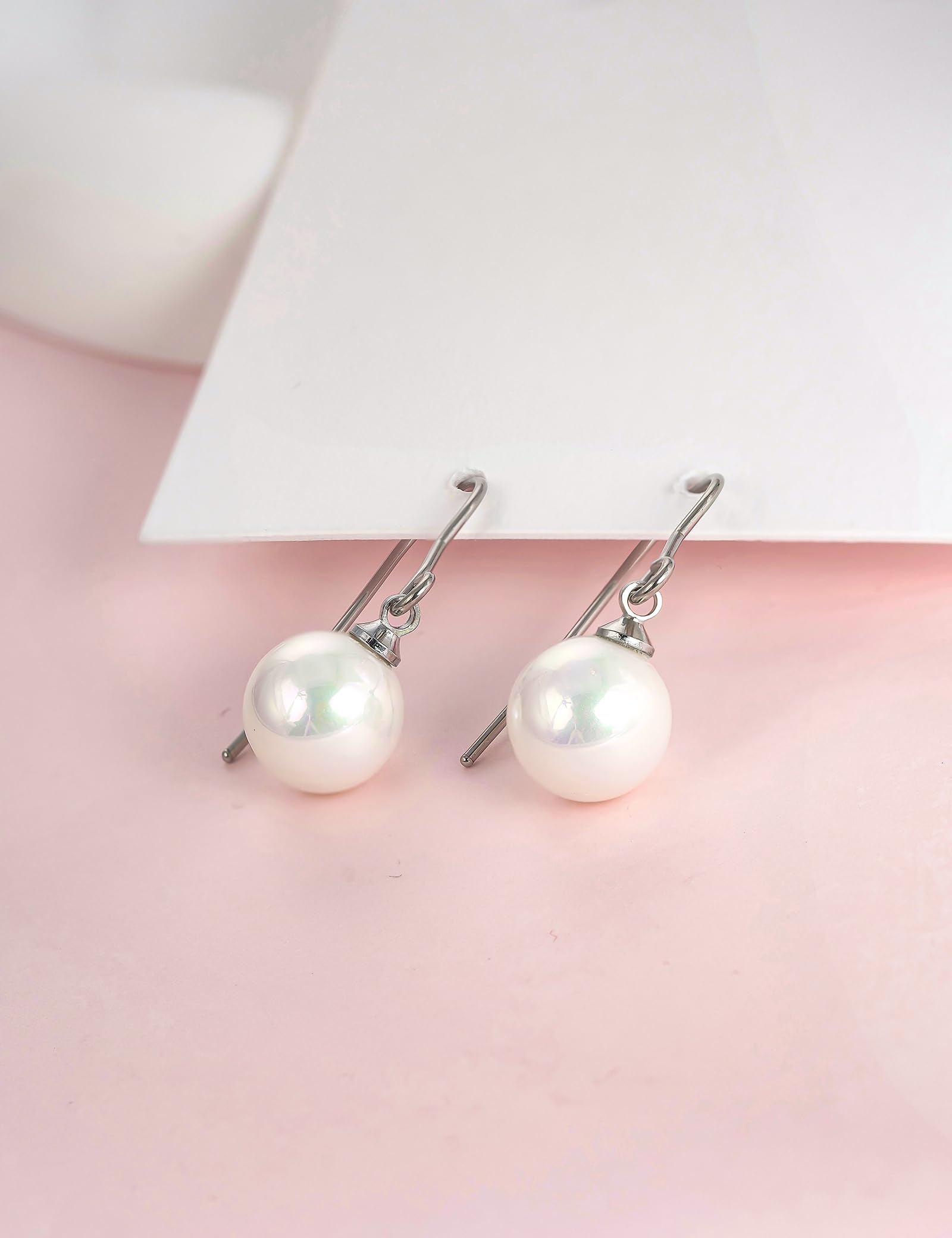 Limerencia Titanium Dangle Earrings, Shell Pearl Drop Earrings, 10 mm Lightweight Drop Earrings Hypoallergenic for Sensitive Ears Women