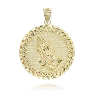 14k Yellow Gold Praying Hands Cuban Link Round Frame in Solid Gold Charm Pendant