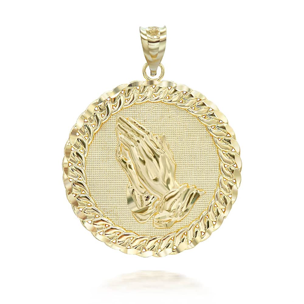 14k Yellow Gold Praying Hands Cuban Link Round Frame in Solid Gold Charm Pendant