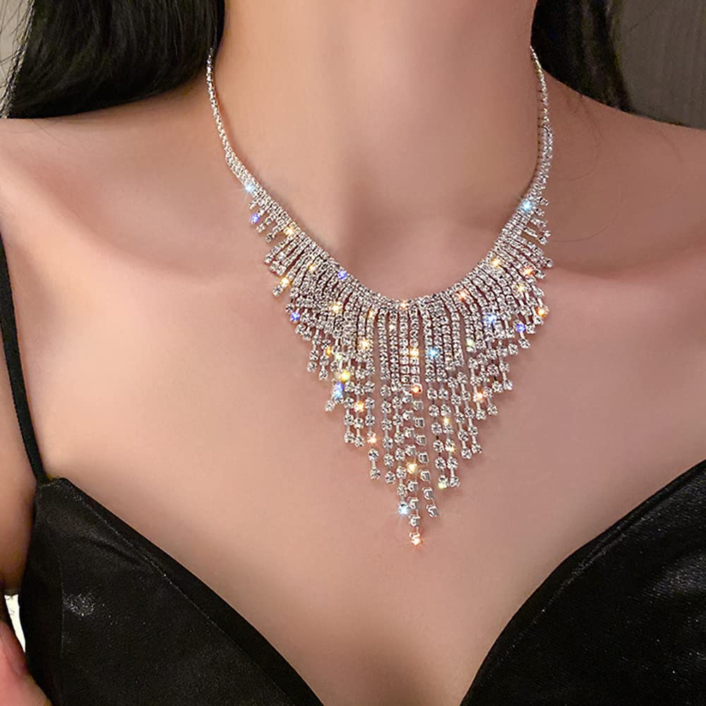 Xerling Rhinestone Tassel Fringe Chain Necklaces Silver Crystal Statement Bib Necklaces Bling Wedding Bridal Collar Choker for Women and Girls