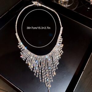 Xerling Rhinestone Tassel Fringe Chain Necklaces Silver Crystal Statement Bib Necklaces Bling Wedding Bridal Collar Choker for Women and Girls