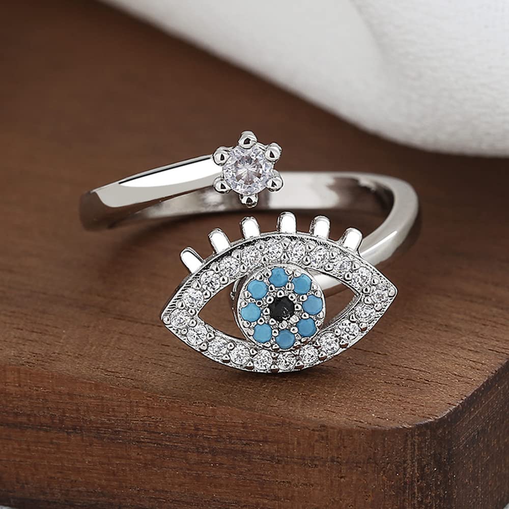 Bule Evil Eye Fidget Anxiety Rings for Women Sterling Silver Plated CZ Rotate Freely Spinner Stress Relief Open Stacking Finger Ring Eternity Promise Statement Fashion Cubic Zirconia Protection Good Lucky Calming Jewelry Gifts Birthday