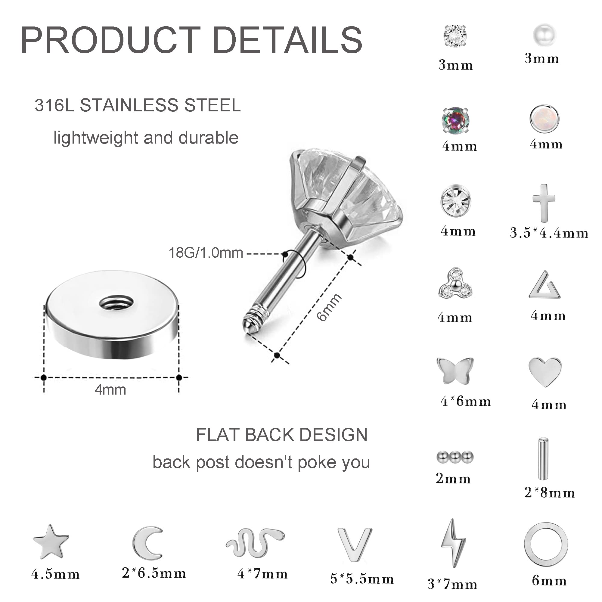 FIBO STEEL 18 Pairs Flatback Stud Earrings 18G Surgical Steel Cartilage Studs for Women Cute Moon Star Snake Opal Disc Ball CZ Stud Earring Set Silevr tone