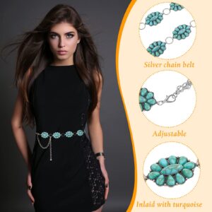 2 Pcs Turquoise Concho Chain Belt Adjustable Waist Belts for Women Western Metal Silver Belt for Dress Womens Turquoise Belt(Elegant Style)