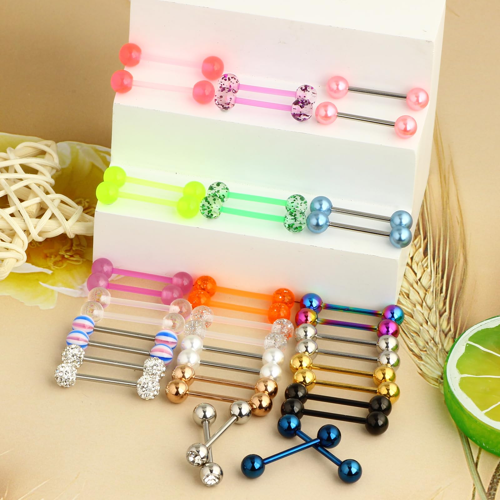 Suotarn 40pcs 14G Mix-Color Stainless Steel Straight Barbell Tongue Rings Bars Piercing 5/8" Length Acrylic Glow In Dark Flexible Retainer Body Jewelry For Women Men