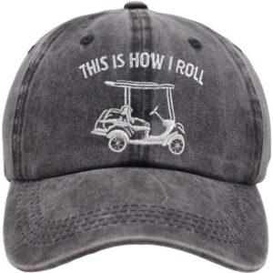 Kamaple This is How I Roll Golf Cart Hat, Funny Golfers Adjustable Cotton Denim Baseball Cap for Men & Women (Embroidered Black, One Size)