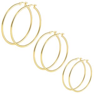 3 Pairs 14k Gold Plated Large Hoop Earrings Set - 50/60/70mm Diameter Hypoallergenic Sterling Silver Post