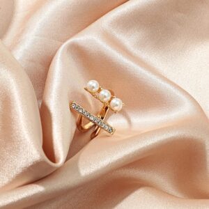 Vintage CZ Tiny Bar Pearl Open Band Ring for Women Girls Gold Plated Cubic Zirconia Statement Adjustable Expandable Shell Pearls Finger Rings Comfort Fit Dainty Wedding Anniversary Christmas Jewelry