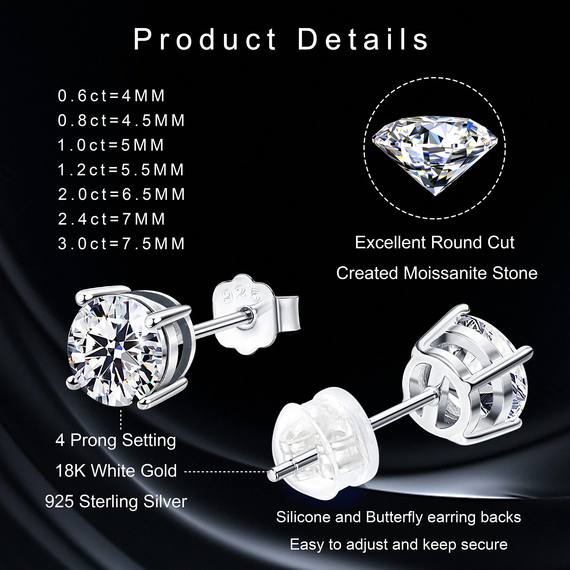 Moissanite Stud Earrings, Lab Created Diamond 18K White Gold Plated 925 Sterling Silver Earring Hypoallergenic Earrings for Women Men Brilliant Round Cut 12ct