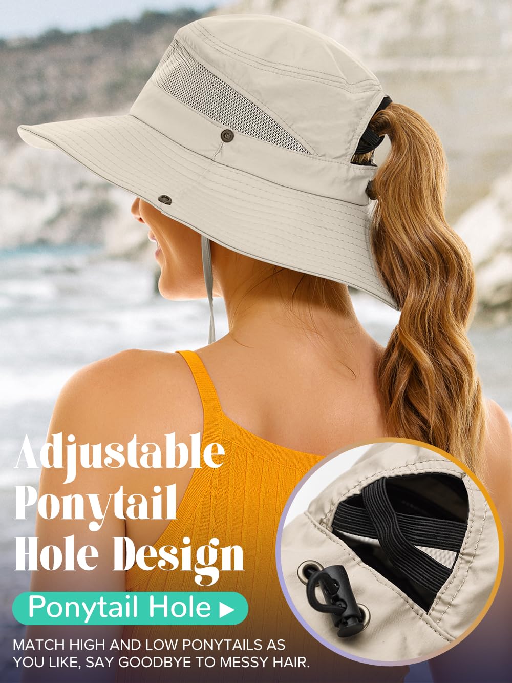 Sun Hat with Ponytail Hole for Women,Sun UV Protection UPF50+ Waterproof Beach Bucket Safari Hiking Hat for Women Beige