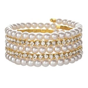 kicomvi imitition pearl stretch bracelet multilayer crystals pearl elastic bangle for women wedding jewelry 1920s costume-a gold