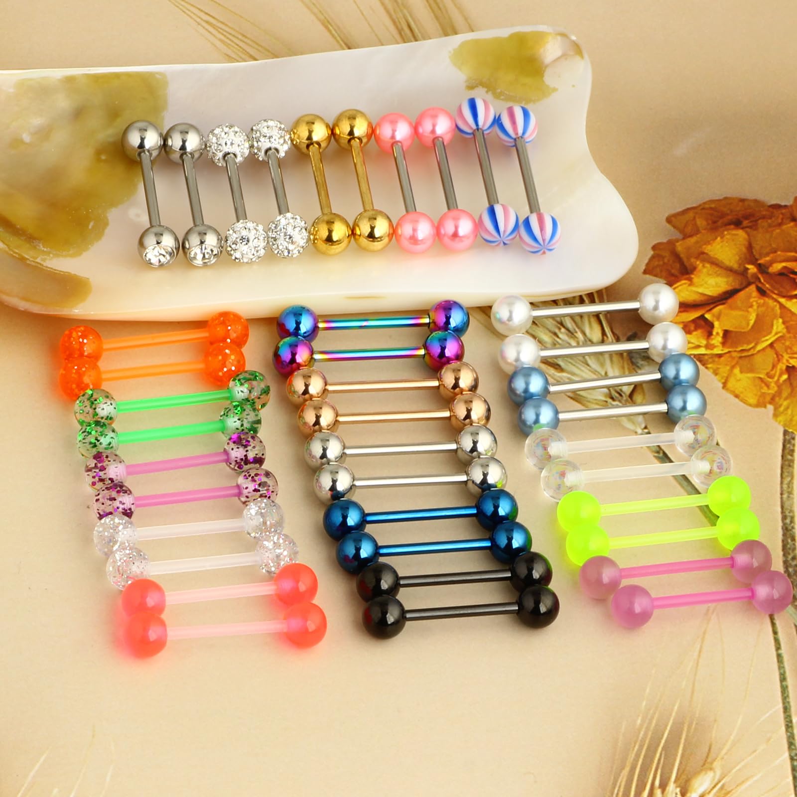 Suotarn 40pcs 14G Mix-Color Stainless Steel Straight Barbell Tongue Rings Bars Piercing 5/8" Length Acrylic Glow In Dark Flexible Retainer Body Jewelry For Women Men