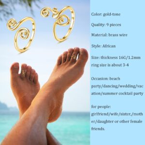 FIBO STEEL 9 Pcs Adjustable Toe Rings for Women Open African Toe Rings Summer Beach Foot Jewelry Gold-Tone