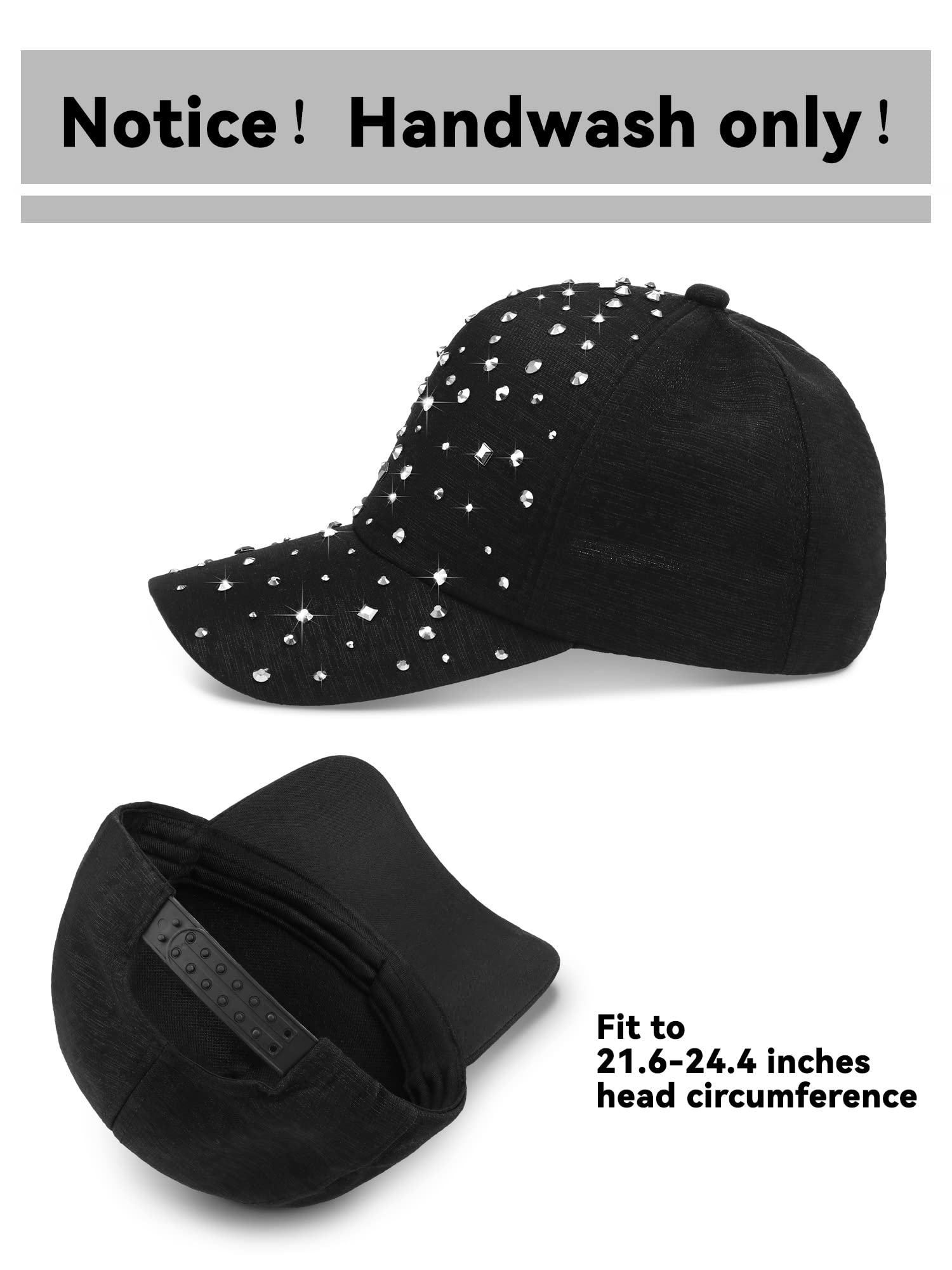 Loopeer 2 Pcs Adjustable Breathable Rhinestone Baseball Cap for Women Men Sequins Casual Sports Cap Rhinestone Hat(Black, White)