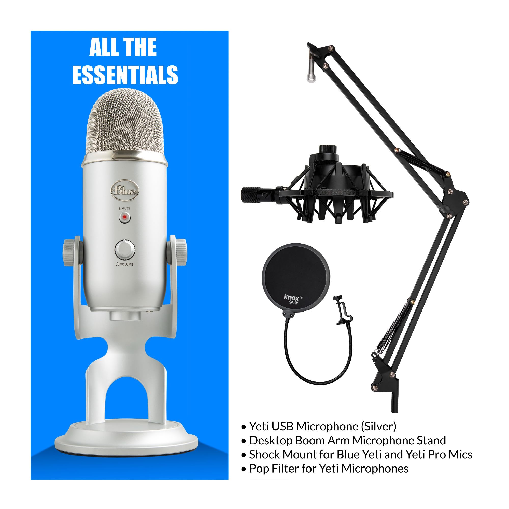 Blue Yeti Microphone (Silver) with Boom Arm Stand, Shock Mount and Pop Filter Bundle (4 Items),USB