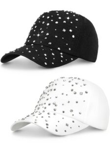 loopeer 2 pcs adjustable breathable rhinestone baseball cap for women men sequins casual sports cap rhinestone hat(black, white)