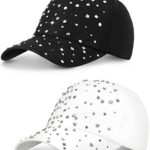 Loopeer 2 Pcs Adjustable Breathable Rhinestone Baseball Cap for Women Men Sequins Casual Sports Cap Rhinestone Hat(Black, White)