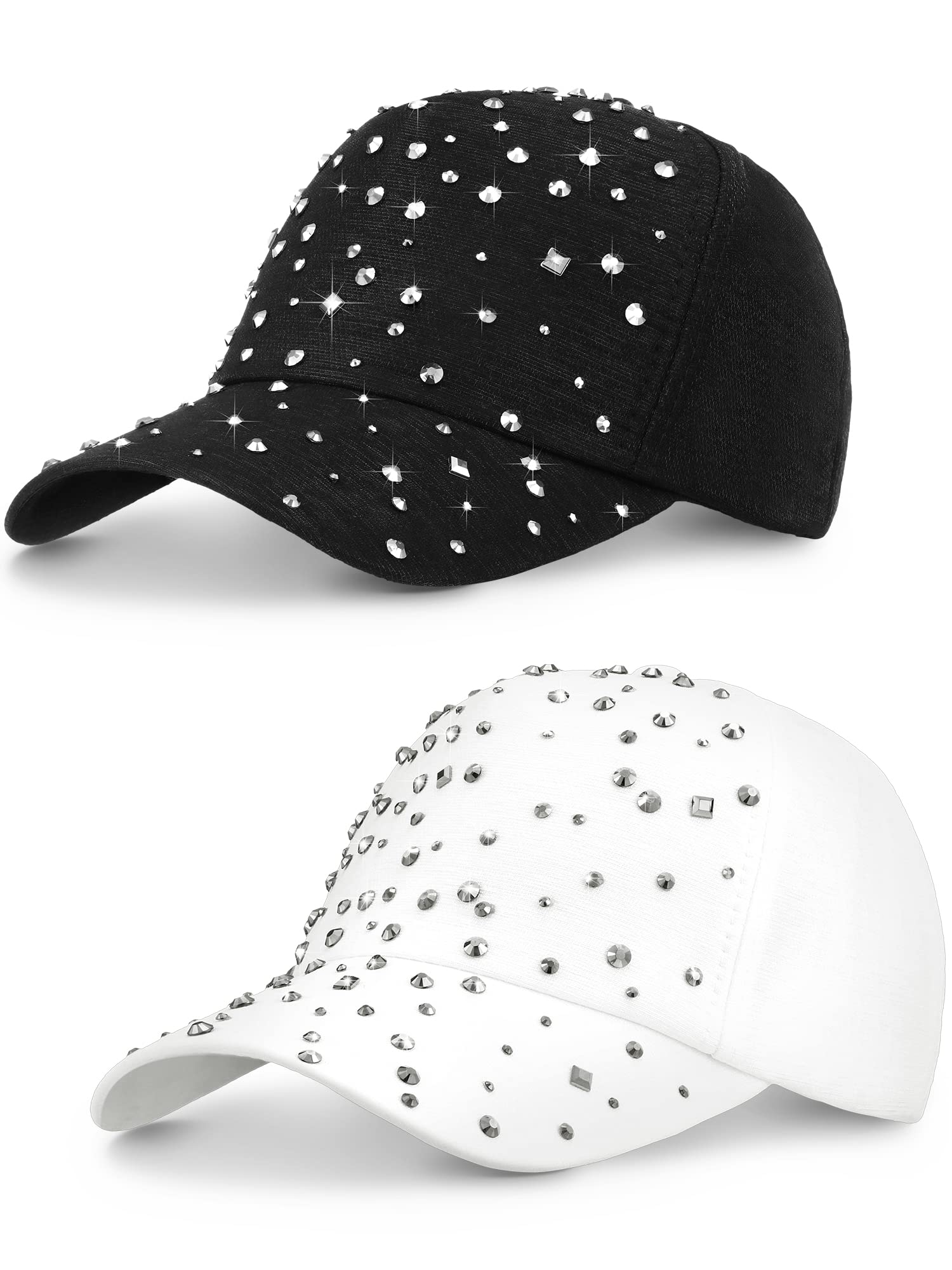 Loopeer 2 Pcs Adjustable Breathable Rhinestone Baseball Cap for Women Men Sequins Casual Sports Cap Rhinestone Hat(Black, White)