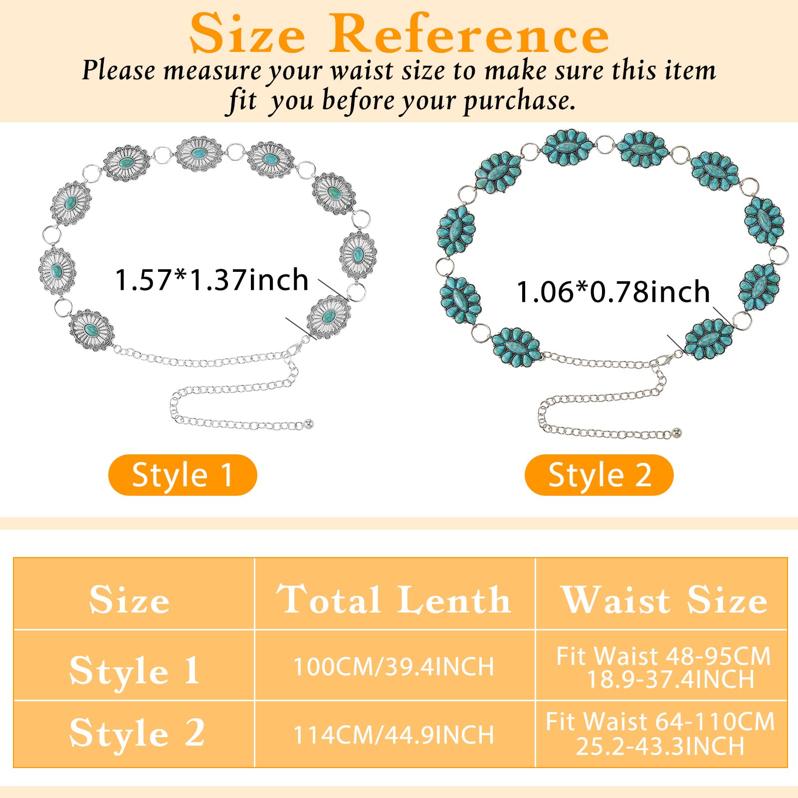 2 Pcs Turquoise Concho Chain Belt Adjustable Waist Belts for Women Western Metal Silver Belt for Dress Womens Turquoise Belt(Elegant Style)