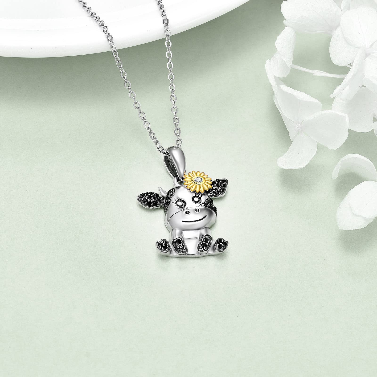 HUKKUN Cow Necklace 925 Sterling Silver Cow Jewelry Cow Gift for Women Birthday Gift for Daughter/Granddaughter