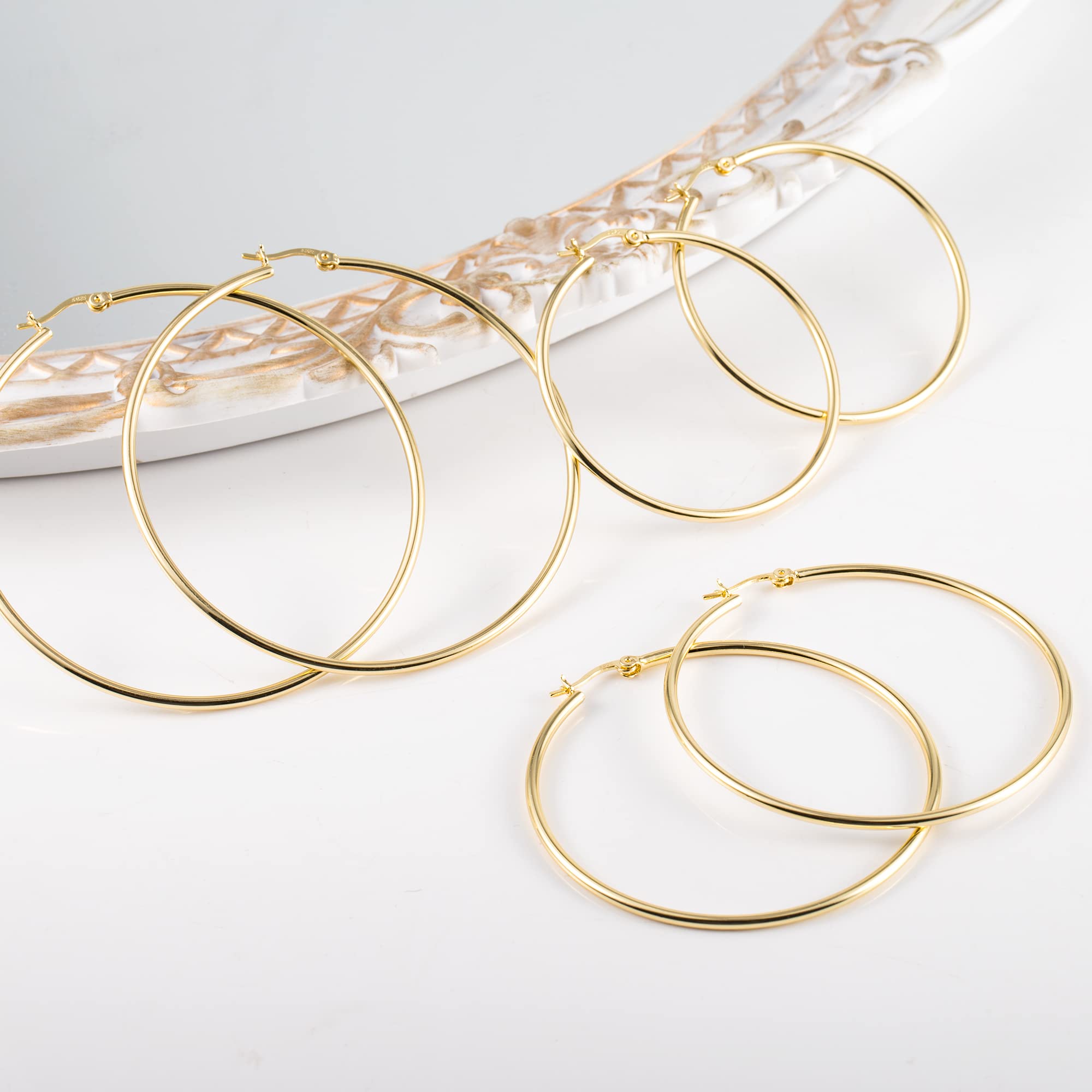 3 Pairs 14k Gold Plated Large Hoop Earrings Set - 50/60/70mm Diameter Hypoallergenic Sterling Silver Post