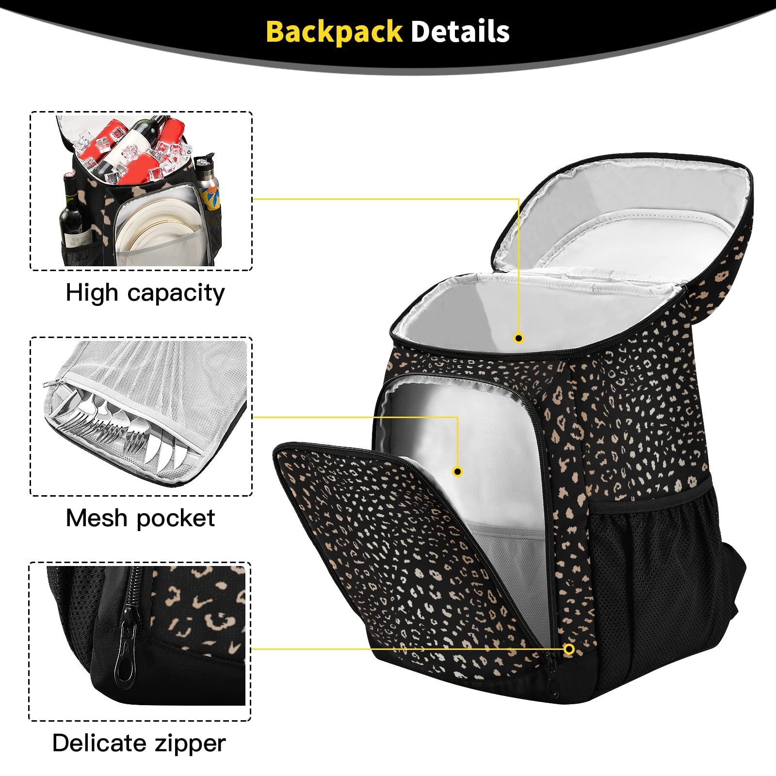 ALAZA Leopard Spot on Black Background Cooler Backpack Reusable Insulated Lunch Bag with Adjustable Shoulder Strap for Women Men Picnic Work College Hiking Camping Office Beach