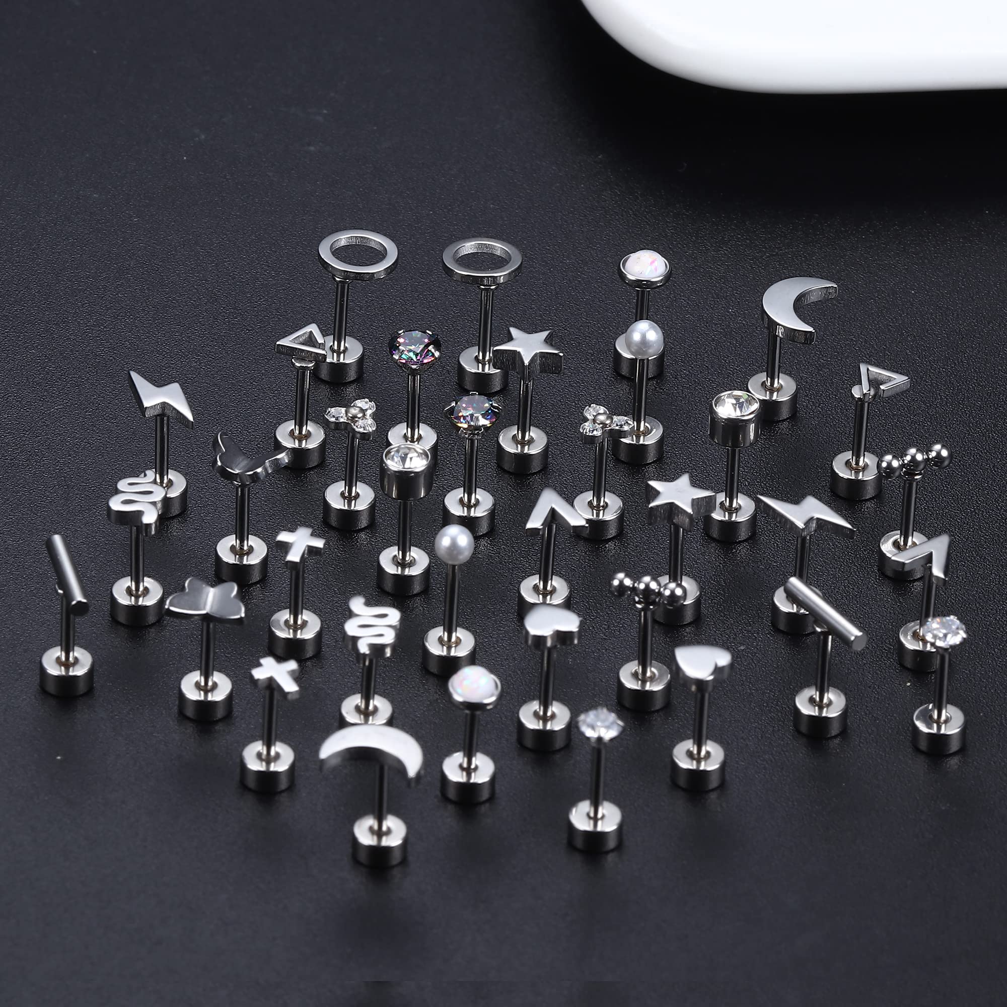 FIBO STEEL 18 Pairs Flatback Stud Earrings 18G Surgical Steel Cartilage Studs for Women Cute Moon Star Snake Opal Disc Ball CZ Stud Earring Set Silevr tone