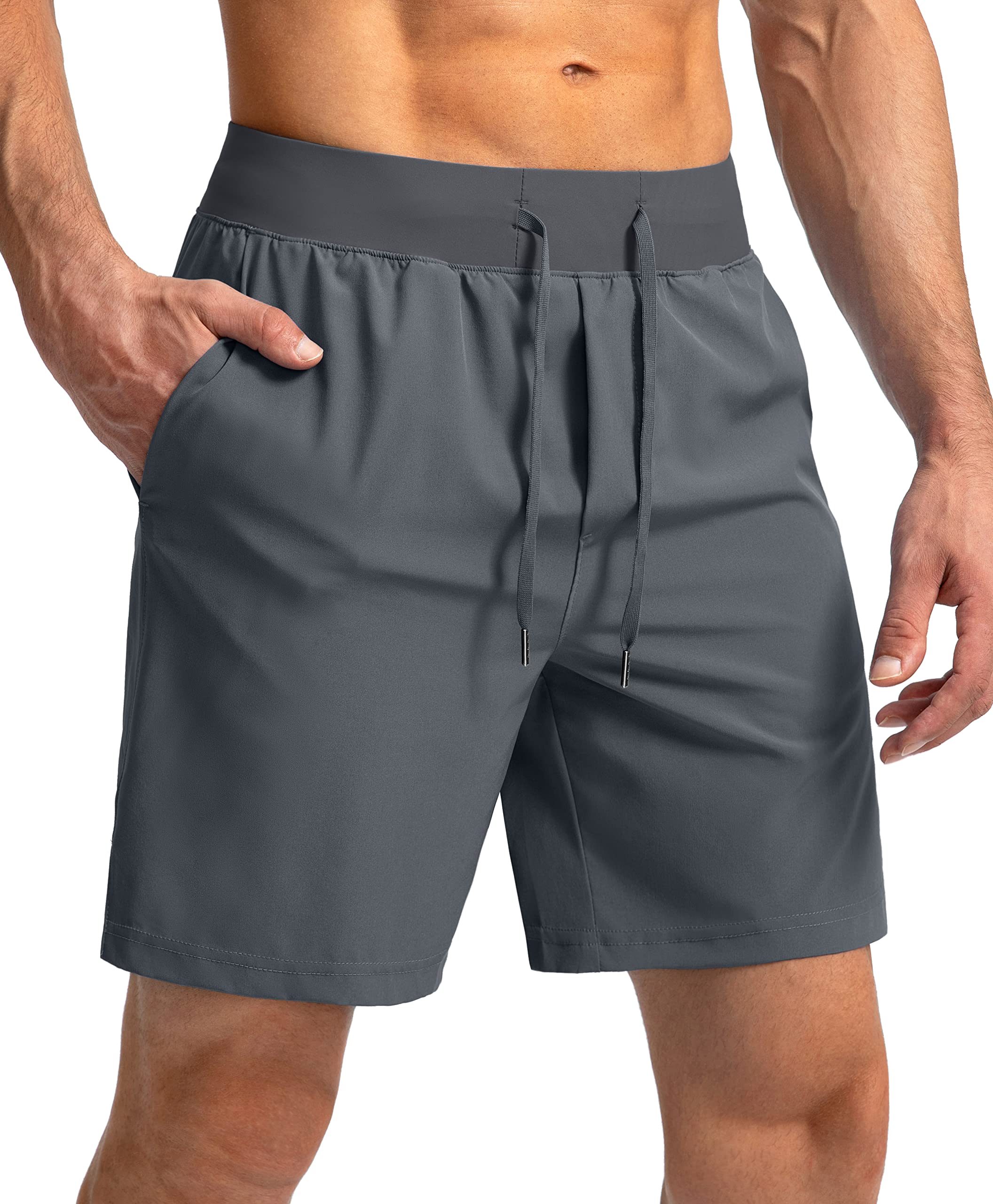 Men's Running Shorts with Zipper Pockets 7 Inch Lightweight Quick Dry Gym Athletic Workout Shorts for Men (Grey, M)