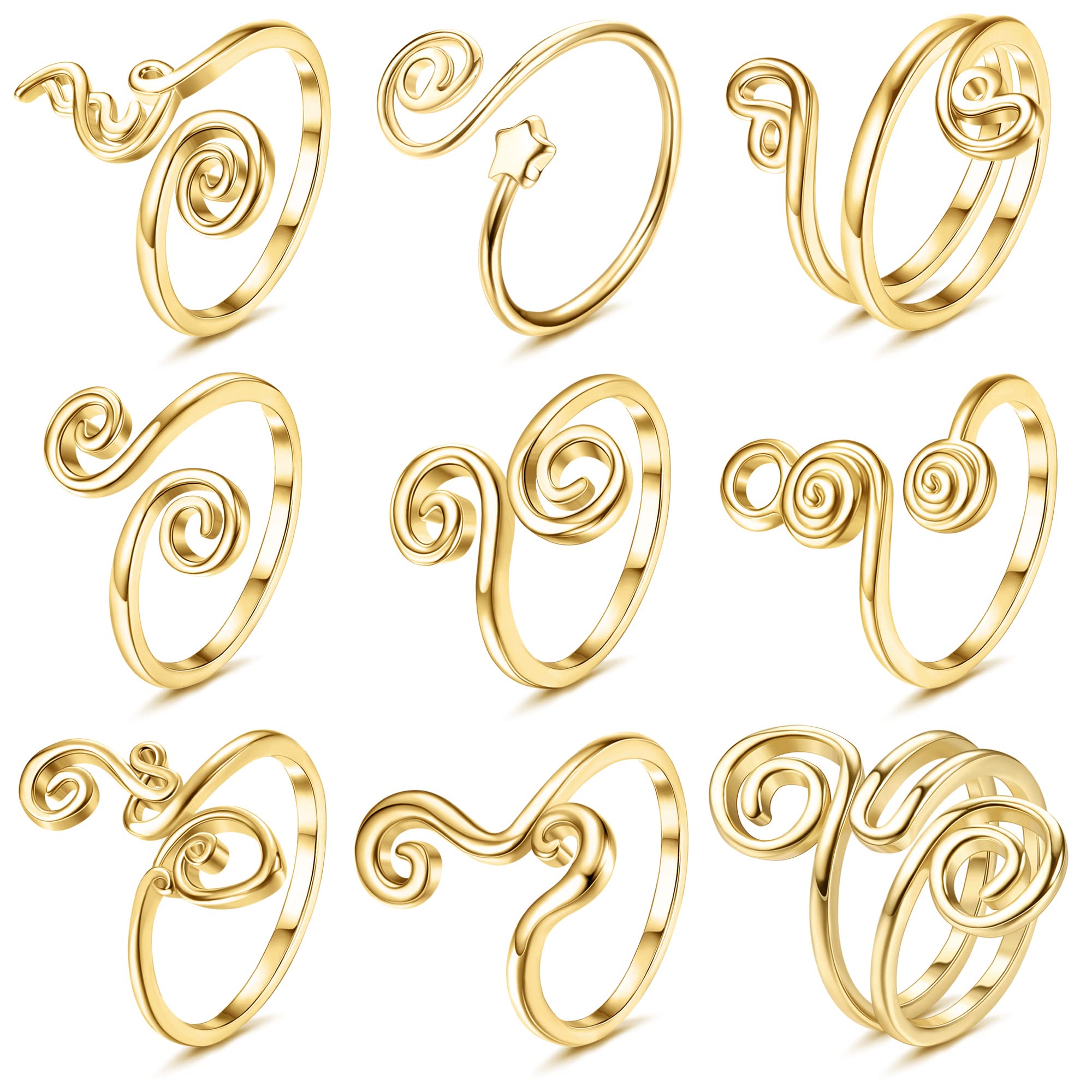 FIBO STEEL 9 Pcs Adjustable Toe Rings for Women Open African Toe Rings Summer Beach Foot Jewelry Gold-Tone