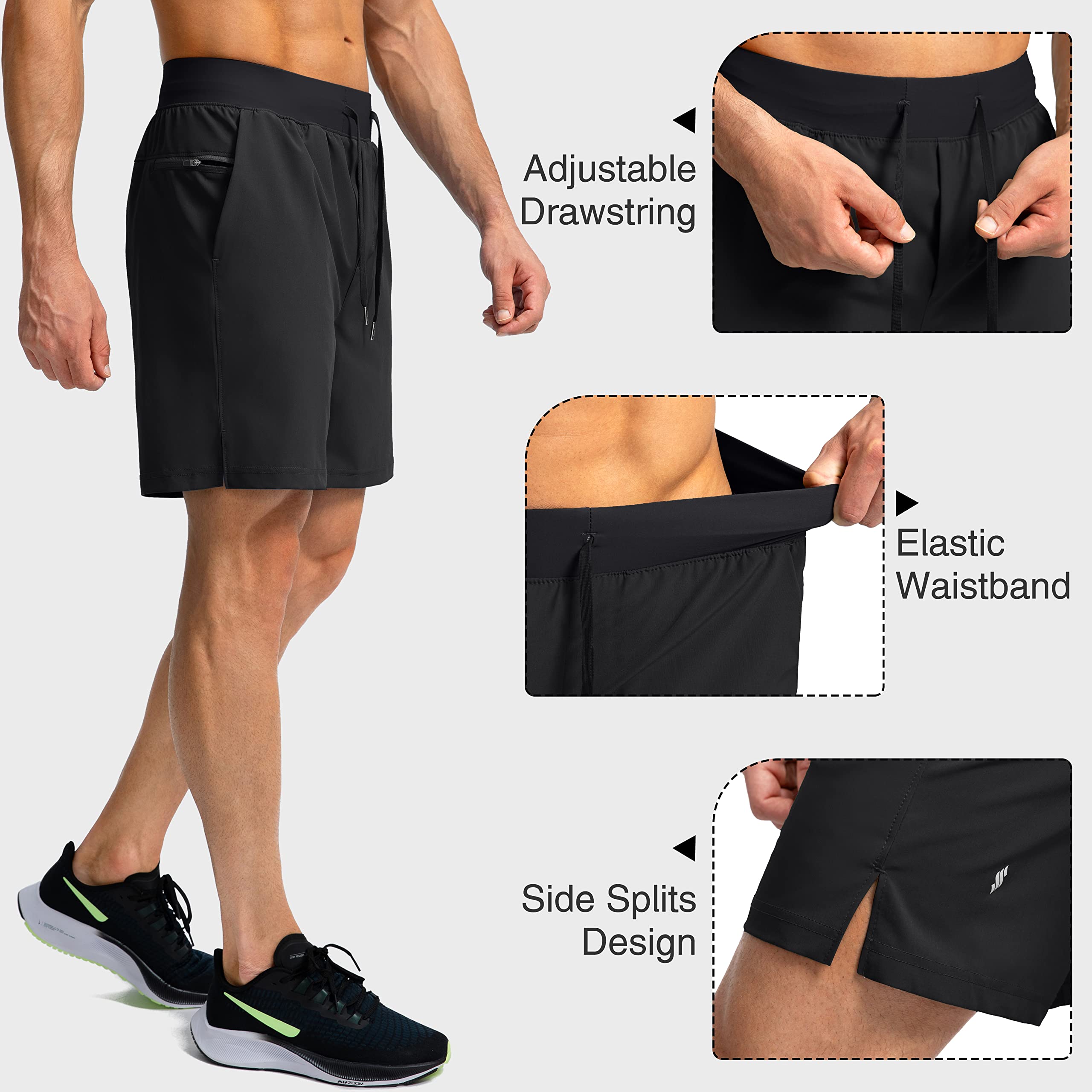 Men's Running Shorts with Zipper Pockets 7 Inch Lightweight Quick Dry Gym Athletic Workout Shorts for Men (Black, M)