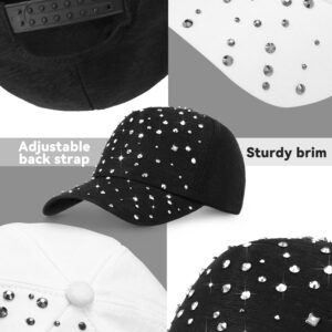 Loopeer 2 Pcs Adjustable Breathable Rhinestone Baseball Cap for Women Men Sequins Casual Sports Cap Rhinestone Hat(Black, White)